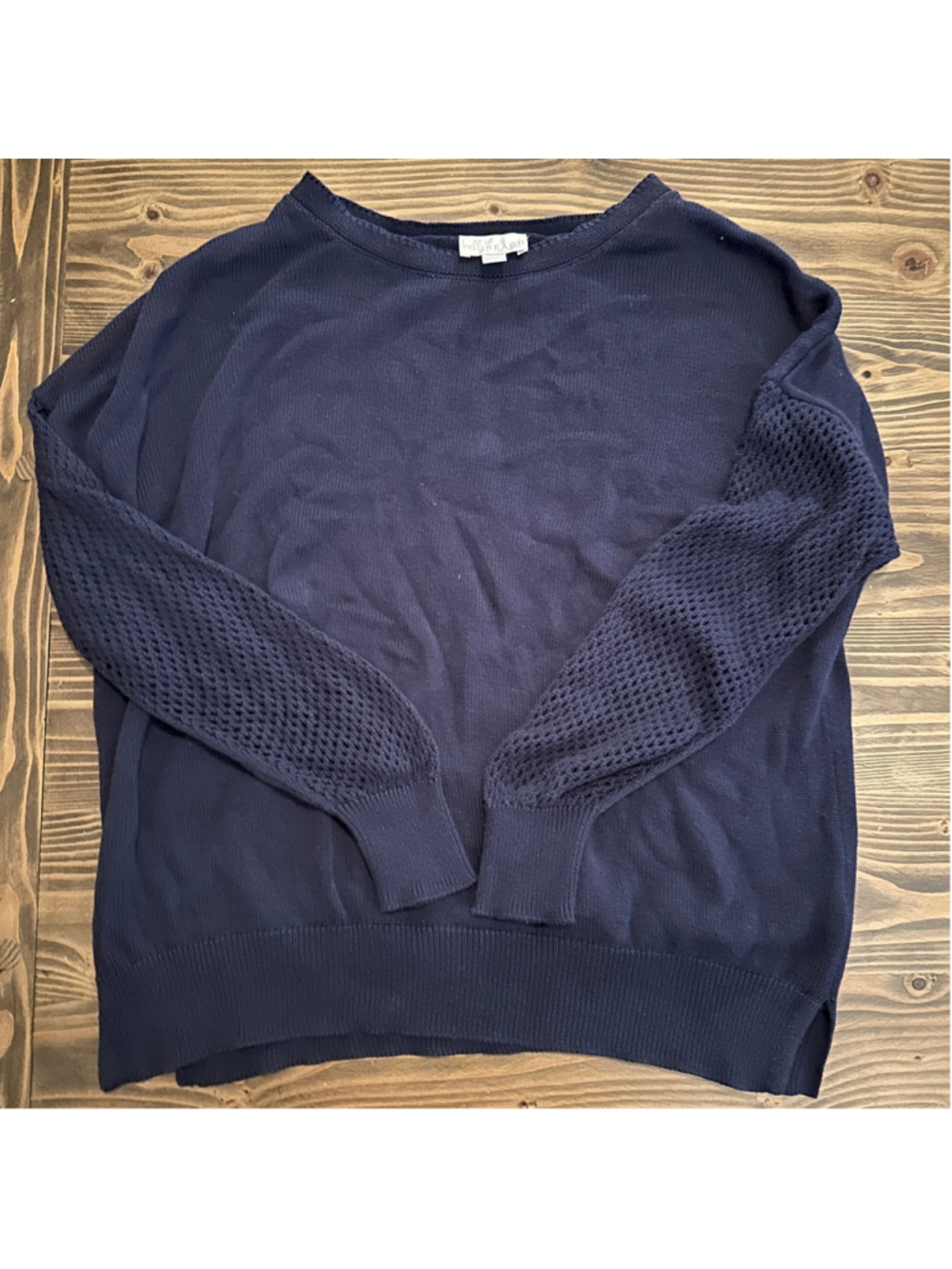 Oversized Navy Sweater Open Knit Sleeve Coastal Lounge L